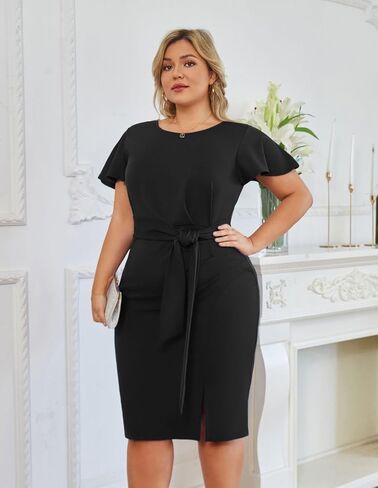 Hanna Nikole Womens Plus Size Work Pencil Dress Ruffle Sleeve Wedding Guest Office Cocktail Party Dresses with Tie Waist in Saudi Arabia