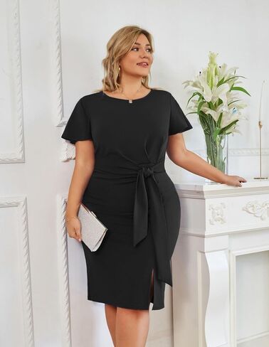 Hanna Nikole Womens Plus Size Work Pencil Dress Ruffle Sleeve Wedding Guest Office Cocktail Party Dresses with Tie Waist in Saudi Arabia