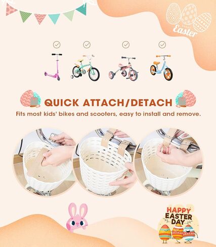 سلة دراجة للأطفال من أنزوم، سلة دراجة للأولاد والبنات، سلة دراجات بلاستيكية منسوجة مقاومة للماء للأطفال، مناسبة لمعظم دراجات الأطفال والدراجات الثلاثية للأطفال in Kuwait