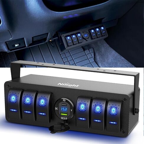 Nilight 6 Gang Rocker Switch Box 12V SPST ON Off Switch PD Type C وUSB شاحن الفولتميتر المقاوم للماء من الألومنيوم لوحة مفاتيح هزازة ملصقات توهج ليلي للقوارب والسيارات والشاحنات RVs، ضمان لمدة عامين in Saudi Arabia