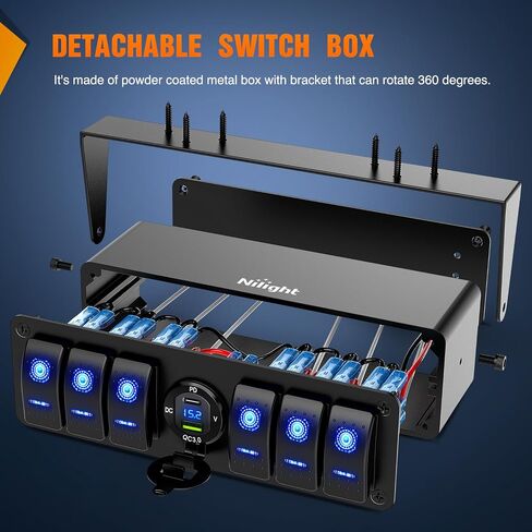 Nilight 6 Gang Rocker Switch Box 12V SPST ON Off Switch PD Type C وUSB شاحن الفولتميتر المقاوم للماء من الألومنيوم لوحة مفاتيح هزازة ملصقات توهج ليلي للقوارب والسيارات والشاحنات RVs، ضمان لمدة عامين in Saudi Arabia