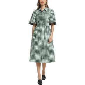 D-Sun Women Plaid Shirt Dress Button Down Gingham Collared Short Cape Sleeves V Neck Casual Belt Mid Dress with Pocket in Saudi Arabia
