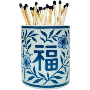 Hapton House Chinoiserie Long Match Holder with Striker – Tall Design for 3", 4", 5" Matches – Rare Vintage Style Soft Blue Porcelain with Cobalt Chinoiserie Patterns – MATCHES NOT INCLUDED (Style C) in Saudi Arabia