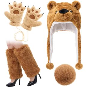 Jecery 4 Pcs Polar Bear Costume Set for Adults Animal Plush Hats White Mittens Paws Gloves Furry Leg Warmer and Plush Bear Tail for Men Women Costume Winter Accessory in Kuwait