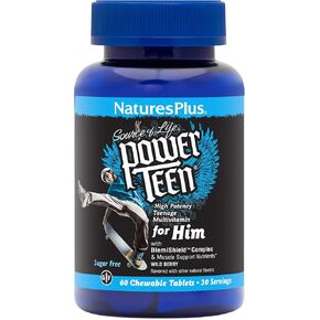 NaturesPlus Power Teen for Him - 60 قرصًا قابلاً للمضغ، التوت البري - فيتامينات متعددة عالية الفعالية في سن المراهقة - خالي من السكر، نباتي، خالي من الغلوتين - 30 وجبة in Kuwait
