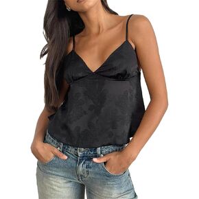 Women Cute Satin Jacquard Camisole Fairycore Embroidery Floral Spaghetti Strap V Neck Flowy Mini Cami Top Going Out Top in Kuwait