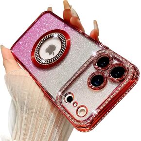 Losin Compatible with iPhone 15 Magnetic Glitter Case Compatible with MagSafe Luxury Bling Rhinestone Case with Logo View Plating Sparkle Diamond and Camera Lens Protection for Women and Girls, Gold in Kuwait