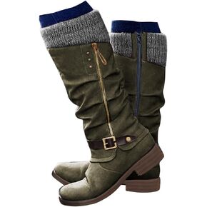 Knee High Winter Boots for Women Wide Calf,Mid Calf Sweater Knitted Ruched Cuff Snow Boots Low Heel Round Toe Booties Vintage Comfortable Tall Booties Winter Side Zipper Shoes in Saudi Arabia
