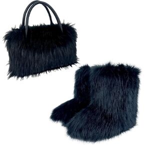 Women's Faux Fur Boots Furry Fluffy Warm Winter Anti-Slip Mid-Calf Snow Boots Comfortable Round Toe Low Heel Outdoor Flat Boots Matching with Ladies Plush Fuzzy Tote Bags 2 Set in Saudi Arabia