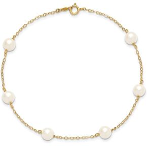 Mother's Day Gift 14K Yellow Gold 6-7mm White Near Round Freshwater Cultured Pearl 6-station Anklet for Women 9"", AFJ-QG-XF559-9-PK in Saudi Arabia