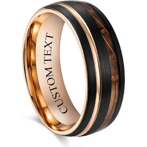 Custom Engraved Men's Wedding Ring Black Brushed Rose Gold Tungsten Thin Gold Line & Whiskey Barrel Wood Inlay, Personalized Wooden Ring Box - 8mm Comfort Fit in Saudi Arabia