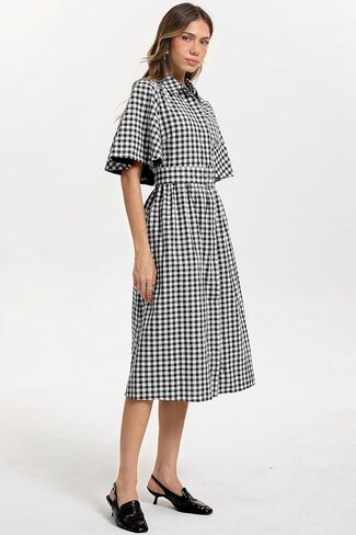 D-Sun Women Plaid Shirt Dress Button Down Gingham Collared Short Cape Sleeves V Neck Casual Belt Mid Dress with Pocket in Saudi Arabia
