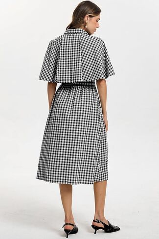 D-Sun Women Plaid Shirt Dress Button Down Gingham Collared Short Cape Sleeves V Neck Casual Belt Mid Dress with Pocket in Saudi Arabia