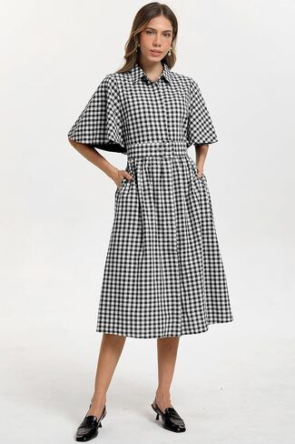 D-Sun Women Plaid Shirt Dress Button Down Gingham Collared Short Cape Sleeves V Neck Casual Belt Mid Dress with Pocket in Saudi Arabia