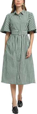 D-Sun Women Plaid Shirt Dress Button Down Gingham Collared Short Cape Sleeves V Neck Casual Belt Mid Dress with Pocket in Saudi Arabia