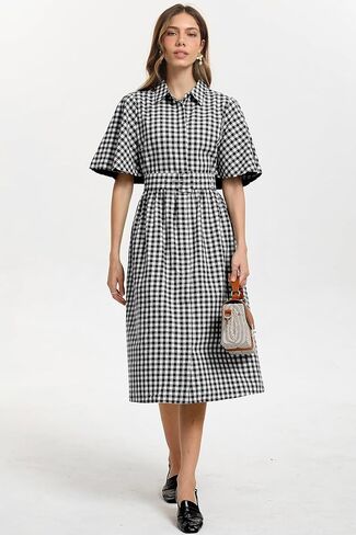 D-Sun Women Plaid Shirt Dress Button Down Gingham Collared Short Cape Sleeves V Neck Casual Belt Mid Dress with Pocket in Saudi Arabia