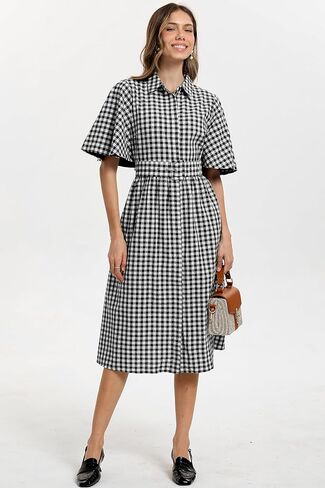 D-Sun Women Plaid Shirt Dress Button Down Gingham Collared Short Cape Sleeves V Neck Casual Belt Mid Dress with Pocket in Saudi Arabia