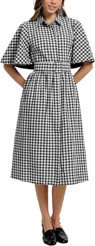 D-Sun Women Plaid Shirt Dress Button Down Gingham Collared Short Cape Sleeves V Neck Casual Belt Mid Dress with Pocket in Saudi Arabia