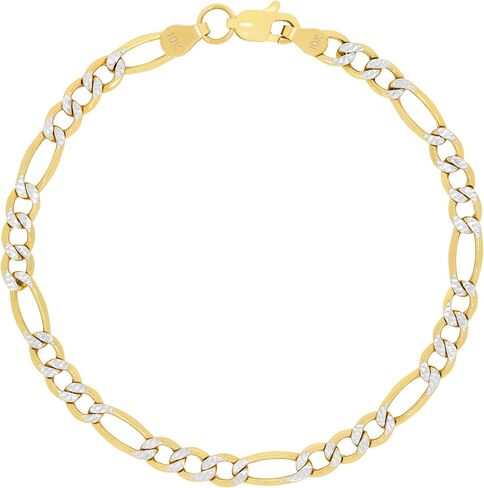 Nuragold 10k Real Yellow Gold Figaro Link 4.5mm Diamond Cut Two Tone Pave Chain Bracelet (7"-9") Italian Jewelry for Men & Women in Saudi Arabia