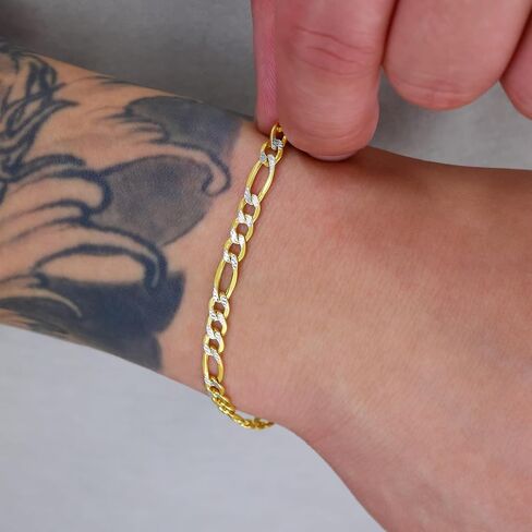 Nuragold 10k Real Yellow Gold Figaro Link 4.5mm Diamond Cut Two Tone Pave Chain Bracelet (7"-9") Italian Jewelry for Men & Women in Saudi Arabia