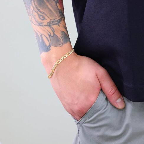 Nuragold 10k Real Yellow Gold Figaro Link 4.5mm Diamond Cut Two Tone Pave Chain Bracelet (7"-9") Italian Jewelry for Men & Women in Saudi Arabia