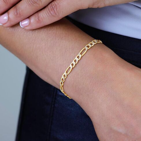 Nuragold 10k Real Yellow Gold Figaro Link 4.5mm Diamond Cut Two Tone Pave Chain Bracelet (7"-9") Italian Jewelry for Men & Women in Saudi Arabia
