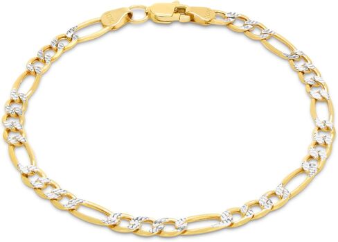 Nuragold 10k Real Yellow Gold Figaro Link 4.5mm Diamond Cut Two Tone Pave Chain Bracelet (7"-9") Italian Jewelry for Men & Women in Saudi Arabia