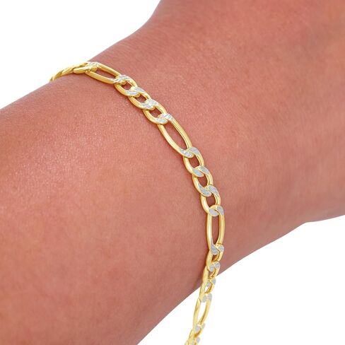 Nuragold 10k Real Yellow Gold Figaro Link 4.5mm Diamond Cut Two Tone Pave Chain Bracelet (7"-9") Italian Jewelry for Men & Women in Saudi Arabia