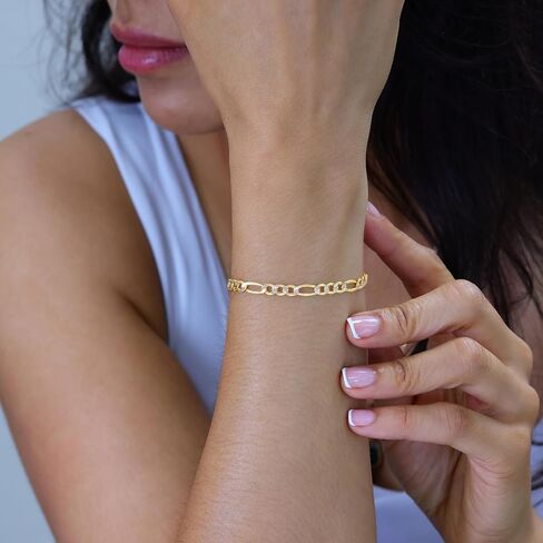 Nuragold 10k Real Yellow Gold Figaro Link 4.5mm Diamond Cut Two Tone Pave Chain Bracelet (7"-9") Italian Jewelry for Men & Women in Saudi Arabia
