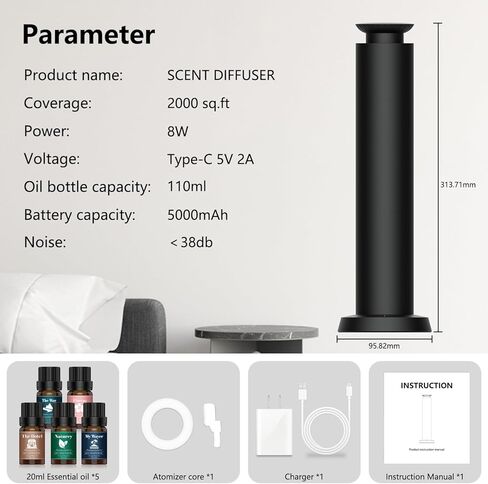 Wirless Rechargeable Waterless Scent Diffuser Kit, Includes 5 Premium Oils, 2000 Sq.Ft Coverage,Hotel Scent Diffuser for Home, Studio, Cordless Essential Oil Diffuser Large Room, APP Control - Black in Saudi Arabia