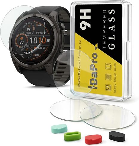 [4 حزمة] واقي الشاشة لـ Garmin Fenix ​​8 Amoled 51mm / Fenix ​​8 Solar 51mm Watch + Silicone Anti-Dust Plugs مقبدة من الزجاج المضاد للقرع خالية من الفقاعات in Kuwait