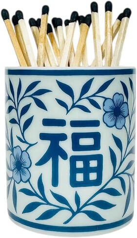 حامل أعواد ثقاب طويل من Hapton House Chinoiserie مع مهاجم - تصميم طويل لمباريات مقاس 3 بوصات و4 بوصات و5 بوصات - بورسلين أزرق ناعم بنمط عتيق نادر مع أنماط كوبالت شينوازيري - المباريات غير متضمنة (النمط C) in Saudi Arabia