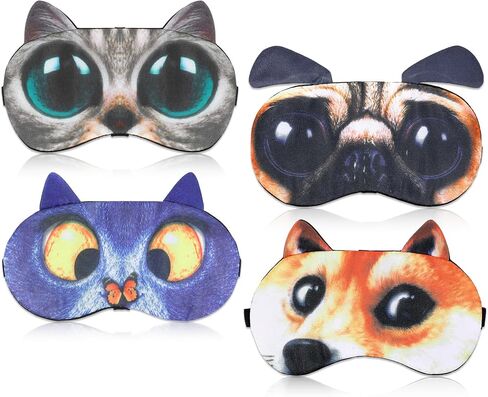 4 Pcs Funny Sleep Mask Cute Animal Blindfolds Cat Dog Sleeping Eye Cover Soft Travel Nap Blindfolds with Adjustable Strap for Men Women Party Game Plane Works Night Sleeping in Saudi Arabia