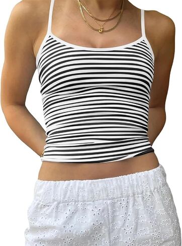 Women Stripe Print Cami Top Y2k Spaghetti Strap Backless Crop Tank Aesthetic Sleeveless Slim Fit Going Out Tops in Saudi Arabia