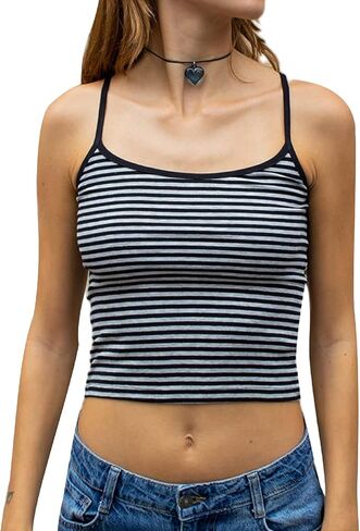 Women Stripe Print Cami Top Y2k Spaghetti Strap Backless Crop Tank Aesthetic Sleeveless Slim Fit Going Out Tops in Saudi Arabia