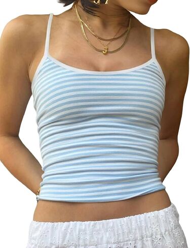 Women Stripe Print Cami Top Y2k Spaghetti Strap Backless Crop Tank Aesthetic Sleeveless Slim Fit Going Out Tops in Saudi Arabia