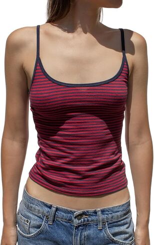 Women Stripe Print Cami Top Y2k Spaghetti Strap Backless Crop Tank Aesthetic Sleeveless Slim Fit Going Out Tops in Saudi Arabia