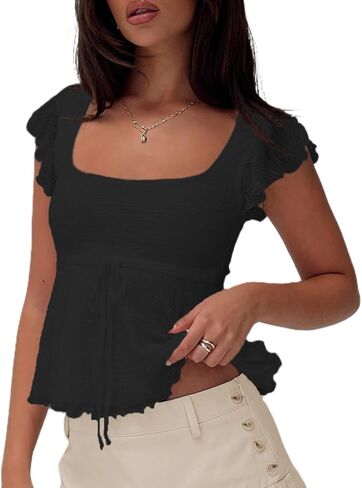 قطع علوية نسائية Y2k برقبة مربعة وأكمام قصيرة بيبي دول مكشكشة بطبقات من الخس بلون واحد قمصان للخروج قمصان تانك القمم in Kuwait