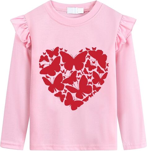 الفتيات عيد الحب تي شيرت الأطفال أحب الفراشة تي شايدر أن يكون لي قمم القلب الحب هو السحر الكشكش الأكمام الطويلة 2-7T in Kuwait