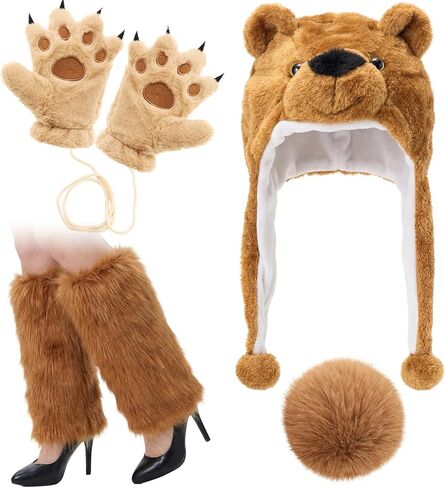 Jecery 4 Pcs Polar Bear Costume Set for Adults Animal Plush Hats White Mittens Paws Gloves Furry Leg Warmer and Plush Bear Tail for Men Women Costume Winter Accessory in Kuwait
