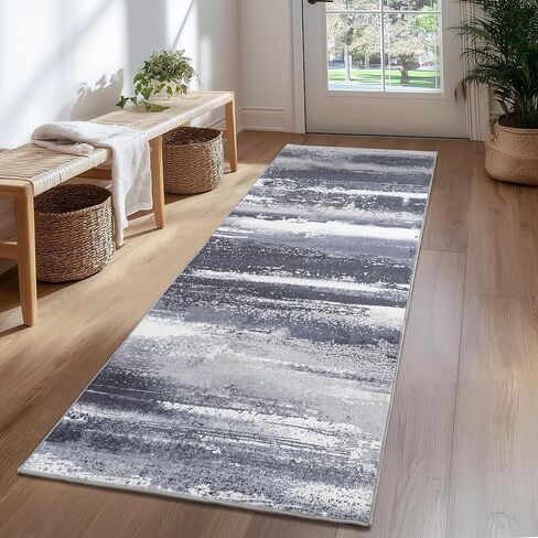 2x6 Runner Rug for Hallway Kitchen: Modern Abstract Throw Rugs with Rubber Backing Washable for Entryway, Soft Long Non-Slip Area Rug for Bedroom Home Decor Aesthetic, Grey in Saudi Arabia