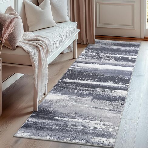 2x6 Runner Rug for Hallway Kitchen: Modern Abstract Throw Rugs with Rubber Backing Washable for Entryway, Soft Long Non-Slip Area Rug for Bedroom Home Decor Aesthetic, Grey in Saudi Arabia