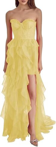 Tulle Strapless Prom Dresses for Women Long Sweetheart A Line Slit Formal Evening Party Gowns in Saudi Arabia