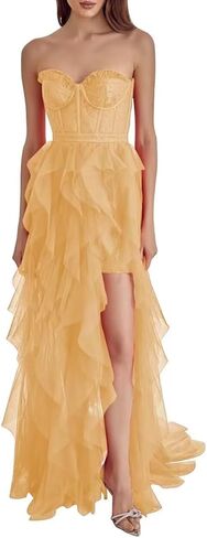Tulle Strapless Prom Dresses for Women Long Sweetheart A Line Slit Formal Evening Party Gowns in Saudi Arabia