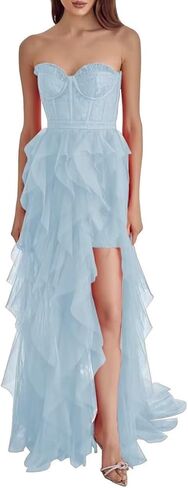Tulle Strapless Prom Dresses for Women Long Sweetheart A Line Slit Formal Evening Party Gowns in Saudi Arabia