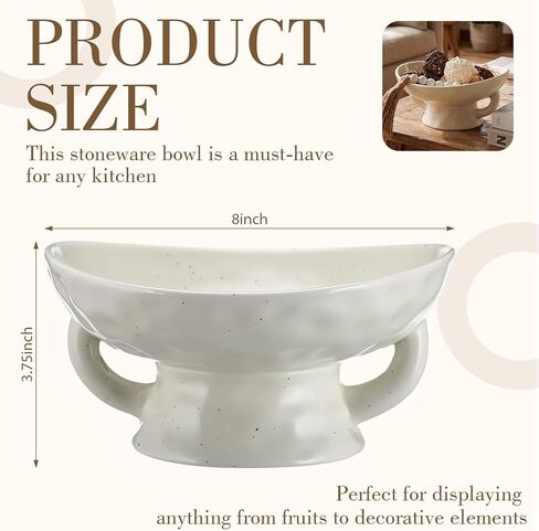 Stoneware Bowl with Handle, Large 8" Wide Reactive Glazed Decorative Ceramic Bowl Modern Pedestal Entryway & Table Centerpiece for Vintage Wedding and Party Events Decorations(White) in Saudi Arabia