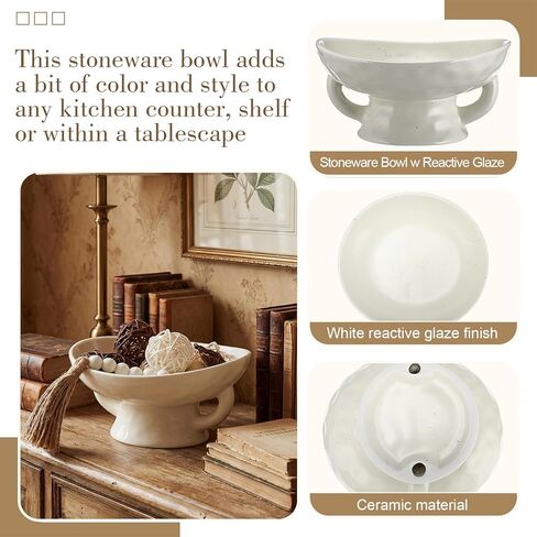 Stoneware Bowl with Handle, Large 8" Wide Reactive Glazed Decorative Ceramic Bowl Modern Pedestal Entryway & Table Centerpiece for Vintage Wedding and Party Events Decorations(White) in Saudi Arabia