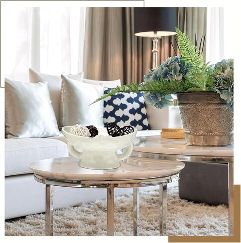 Stoneware Bowl with Handle, Large 8" Wide Reactive Glazed Decorative Ceramic Bowl Modern Pedestal Entryway & Table Centerpiece for Vintage Wedding and Party Events Decorations(White) in Saudi Arabia