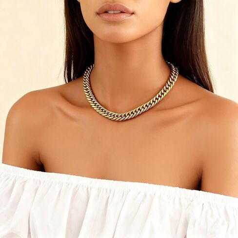 FEEL STYLE Chunky Gold Necklace for Women - 14K Gold Plated 10mm/14mm Cuban Link Chain & 8mm O-Link Chunky Necklace Fashion Jewelry Adjustable in Saudi Arabia