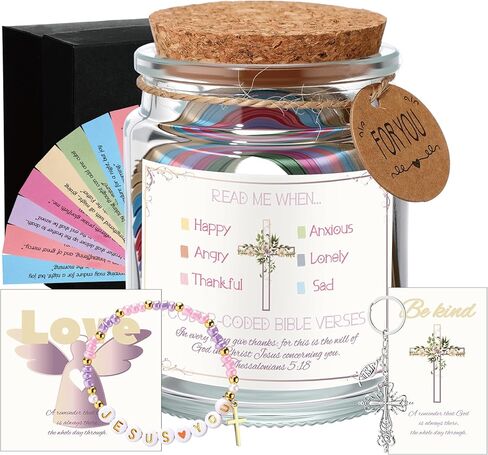 Kenning Bible Verse Jar, Christian Gifts for Women Inspirational Prayer Jar with Scriptures 129 Pcs Inspirational Verses Card, Cross Beads Bracelet, Keychain Gifts for Christian Women (Holy Night) in Saudi Arabia